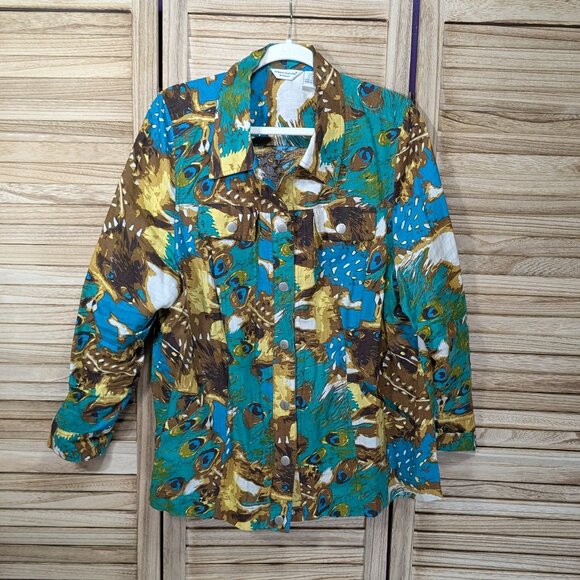Richard Malcolm 100% Linen Colorful Abstract Peacock Print Jacket Size 1X - Picture 1 of 11